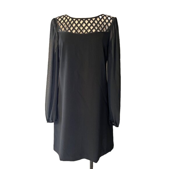 WHBM Shift Dress 10 Black Career Church Washable 3/4 Long Sleeve Lattice Trim - Picture 2 of 10